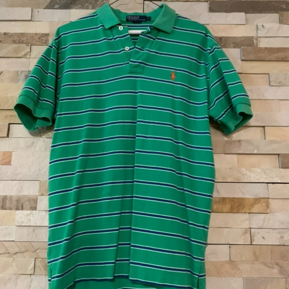 Polo by Ralph Lauren Green Polo with Blue & White Stripes & Orange Logo, SZ M